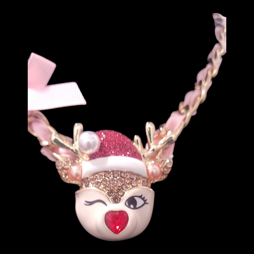 Betsey Johnson Faux Stone Jingle Bell Bling Christmas  Reindeer Necklace - Picture 3 of 9